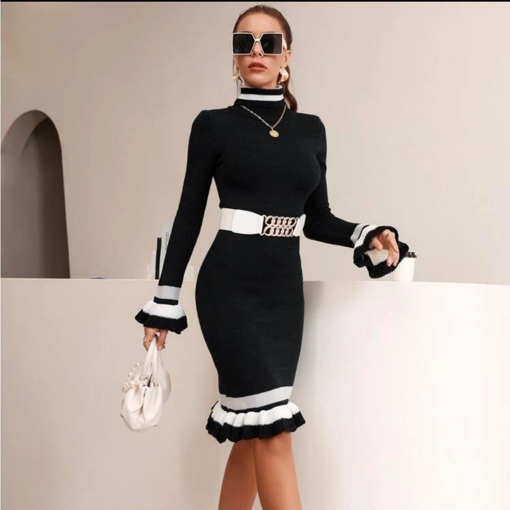 SHEIN Stripped Trim Flounce Sleeve Ruffle Hem Sweater Dress